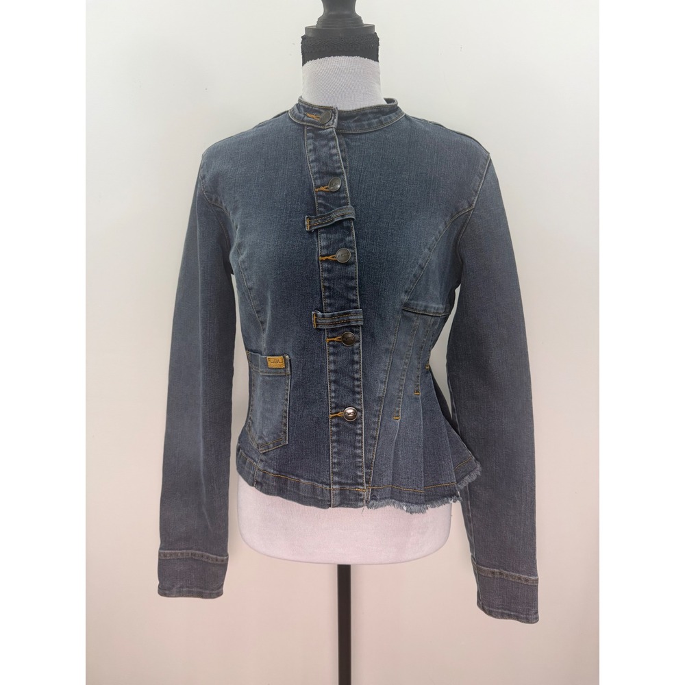 FUBU The Collection Womens Asymmetrical Peplum Denim Jacket Medium Wash M